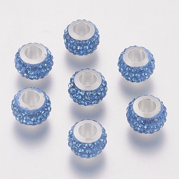 304 Stainless Steel European Beads, with Polymer Clay Rhinestone, Large Hole Beads, Rondelle, Light Sapphire, 11x7.5mm, Hole: 5mm