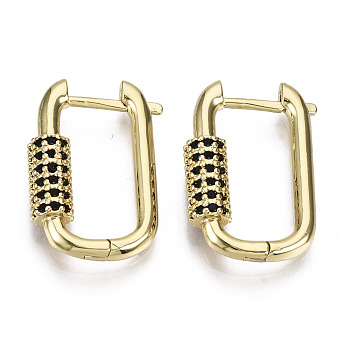 Brass Micro Pave Cubic Zirconia Huggie Hoop Earring, Oval, Nickel Free, Real 16K Gold Plated, Black, 22x15x5mm, Pin: 1.3mm