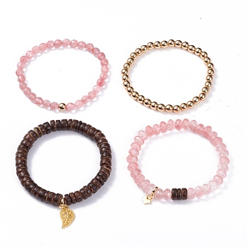 4Pcs 4 Style Coconut & Synthetic Cherry Quartz Glass & Hematite Stretch Bracelets Set with Leaf and Flower Charm, Wood Yoga Stackable Bracelets for Women, Mixed Color, Inner Diameter: 2-1/8~2-1/4 inch(5.3~5.7cm)