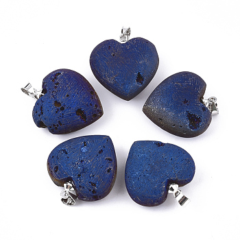 Electroplate Natural Druzy Geode Agate Pendants, with Brass Findings, Heart, Platinum, Blue, 23~24x21.5~22x9.5~10mm, Hole: 4.5x4mm
