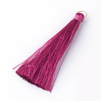 Nylon Thread Tassel Pendants Decoration, with Brass Findings, Golden, Medium Violet Red, 35x7mm, Hole: 7mm