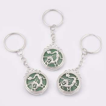 Natural Green Aventurine Keychain, with Iron Key Rings, Flat Round with Dragon, Platinum, 80mm, Pendant: 34.5x26x8.5mm