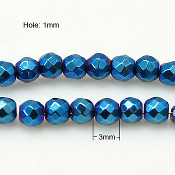 Non-Magnetic Synthetic Hematite Beads Strands, Color Plated, Faceted, Round, Blue Plated, 3mm, Hole: 1mm