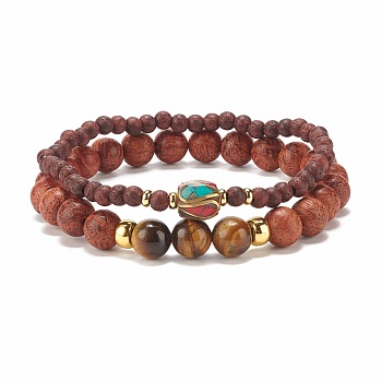 2Pcs 2 Style Natural Dracaena Draco(Dragon Tree) Wood & Mixed Gemstone Stretch Bracelets Set for Women, Coconut Brown, Inner Diameter: 2-3/8 inch(5.9cm), 1Pc/style
