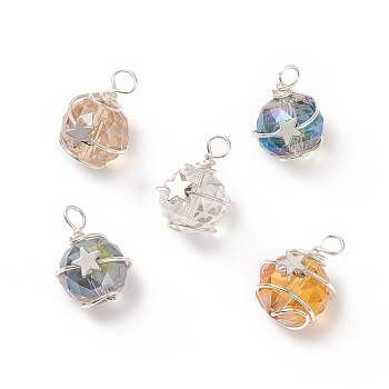 Electroplate Glass Pendants, with Silver Brass Wire Wrapped Findings, Round with Star Charms, Mixed Color, 20.5x14.5x16.5mm, Hole: 4.5x4mm