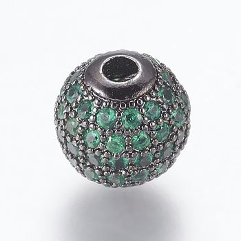 Brass Micro Pave Cubic Zirconia Beads, Round, Gunmetal, Sea Green, 10mm, Hole: 2mm