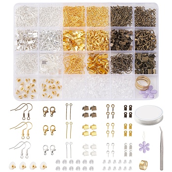 DIY Jewelry Making Finding Kit, Inlcluding Iron Earring Hooks & Peg Bails & Crimp Ends, Alloy Clasps, Brass Pin & Rings & Earring Backs, Plastic Ear Nuts, Elastic Thread, Needle, Tweezer, Mixed Color, 17~19mm, Hole: 2mm