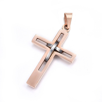 304 Stainless Steel Pendants, Cross, Rose Gold & Stainless Steel Color, 45x29x4mm, Hole: 8x5mm