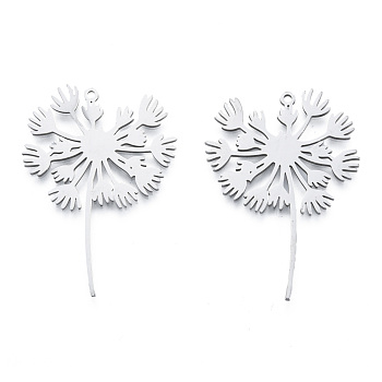 201 Stainless Steel Pendants, Dandelion Charm, Stainless Steel Color, 43x29x1mm, Hole: 1.6mm