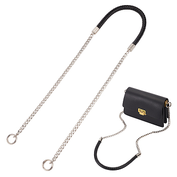PU Leather Braided Rope Shoulder Strap, with Zinc Alloy Spring Gate Ring & Iron Chain, Black, 1095mm