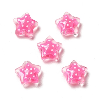 Glass Beads, with Polka Dot Pattern, Star, Hot Pink, 12~12.5x12.5~13x6~6.5mm, Hole: 0.9~1mm
