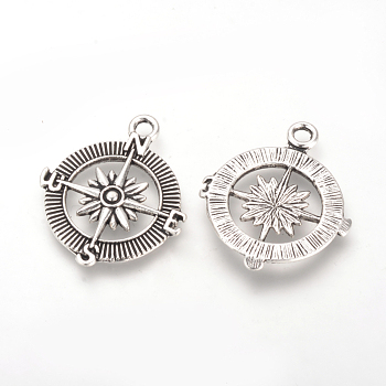Tibetan Style Alloy Pendants, Cadmium Free & Lead Free, Compass, Antique Silver, 29.5x25x3mm, Hole: 3mm