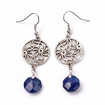 Natural Lapis Lazuli Dangle Earrings, with Brass Pins and Alloy Pendants, Flat Round with Flower, 62mm, Pendant: 45x20mm, Pin: 0.6mm