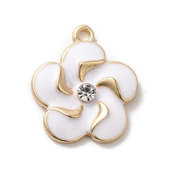 Flower Alloy Enamel Pendants, with Rhinestone, Light Gold, White, 18x15.5x3mm, Hole: 1.5mm