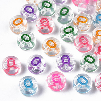 Transparent Clear Acrylic Beads, Horizontal Hole, Flat Round with Mixed Color Letter, Letter.O, 7x3.5mm, Hole: 1.2mm, about 3700pcs/500g