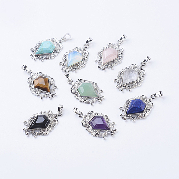 Natural & Synthetic Mixed Stone Pendants, with Brass Findings, Flower with Diamond Shape, Platinum, 41.5x26x7.5~8mm, Hole: 5x7.5~8mm