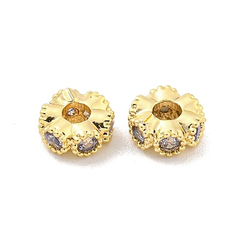 Brass Micro Pave CLear Cubic Zirconia Beads, Flower, Golden, 6.5x2.5mm, Hole: 2mm