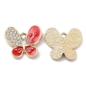 Alloy Enamel Pendants, with Rhinestone, Butterfly Charm, Golden, Red, 16.5x19x2mm, Hole: 2.3x2mm