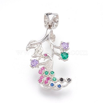925 Sterling Silver Pendant Bails, with Random Mixed Color Cubic Zirconia, Peacock, Real Platinum Plated, 26x17mm, Hole: 4x5mm, Pin: 0.6mm(STER-E061-88P)