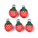 Handmade Polymer Clay Charms, with Platinum Tone Iron Findings, Strawberry, Red, 14.5~15.5x8.5~10x4mm, Hole: 1.8mm(X-CLAY-T016-49)