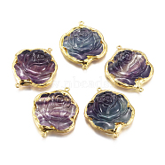 Natural Fluorite Links connectors, Edge Golden Plated, with Long-Lasting Plated Brass Loop, Rose Shape, 38~42x48~49x8~10.5mm, Hole: 1.6~2mm(KK-D158-13G)