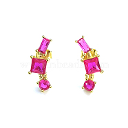 S925 Sterling Silver Geometric Stud Earrings, with Cubic Zirconia, Golden, Pink, 15x4mm(WD8941-5)