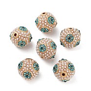 Golden Plated Alloy Rhinestone Beads, with ABS Imitation Pearl, Round, Aquamarine, 15x14mm, Hole: 1.6mm(FIND-E046-14G-02)