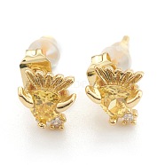 Brass Cubic Zirconia Stud Earring, with Ear Nuts/Plastic Earring Backs, Fish, Real 18K Gold Plated, 6x7x4mm, Pin: 1mm(EJEW-O106-02G)