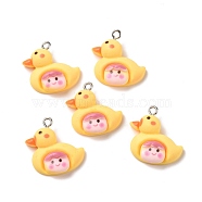 Opaque Resin Pendants, with Platinum Tone Iron Loops, Duck with Smilling Face, Yellow, 22.5x22x7mm, Hole: 2mm(RESI-G032-A05)