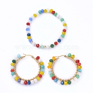 Glass Beads Jewelry Sets, Stretch Bracelets & 304 Stainless Steel Big Hoop Earrings, with Brass Beads, Golden, Colorful, Bracelet: 2-1/8 inch(5.5cm), Earring: 48x51x6mm, Pin: 1x0.6mm(SJEW-JS01088)