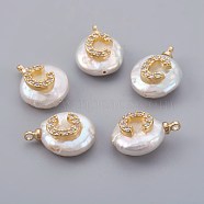 Natural Cultured Freshwater Pearl Pendants, with Micro Pave Cubic Zirconia, Brass Findings, Long-Lasting Plated, Letter, Real 18K Gold Plated, Letter.C, 14~28x9~16x5~9mm, Hole: 1.5mm(PEAR-F008-30G-C)