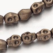 Electroplate Non-magnetic Synthetic Hematite Bead Strands, Frosted, Skull, Antique Bronze Plated, 10x8x8mm, Hole: 1mm, about 40pcs/strand, 15.7 inch(G-F300-60-F06)