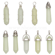 9Pcs 9 Styles Synthetic Luminous Stone Double Terminal Pointed Pendants, Faceted Bullet Charm, Glow in Dark, Dyed, with Platinum Plated Zinc Alloy Findings, Mixed Color, 38~42x9~13x8.5~11mm, Hole: 3~5mm, 1pc/style(G-CA0001-72)