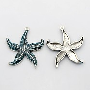 Antique Silver Tone Alloy Enamel Big Pendants, Starfish/Sea Stars, Steel Blue, 50x43x4.5mm, Hole: 3mm(ENAM-J514-03AS)