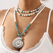 Boho Dyed Synthetic Turquoise Chip & Plastic Pearl Multi Layered Necklaces, Summer Beach Snail Alloy Pendant Necklaces for Women, Platinum, Turquoise, 16.54 inch(42cm)(NJEW-U006-04A-P)