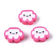 Handmade Polymer Clay Beads, Cloud with Smiling Face, Hot Pink, 6~8.5x10~11.5x4.5~5.5mm, Hole: 1.8mm(X-CLAY-N008-033E)