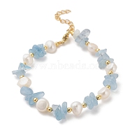 Natural Aquamarine Chip Beaded Bracelets for Women, with Natural Freshwater Pearls and Brass Findings, Inner Diameter: 7-1/2 inch(19cm)(BJEW-F478-02C)