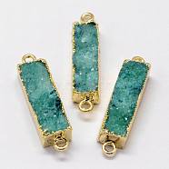 Electroplated Natural & Dyed Druzy Agate Links connectors, with Golden Plated Brass Findings, Rectangle, Dark Cyan, 32~40x8x6~7mm, Hole: 2mm(G-N0168-015D)