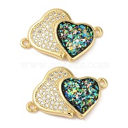 Rack Plating Brass Micro Pave Clear Cubic Zirconia Connector Charms, Double Heart Links with Synthetic Opal, Real 18K Gold Plated, Cadmium Free & Lead Free, Long-Lasting Plated, Black, 15.5x23x2mm, Hole: 1.2mm(KK-P268-20G-01)