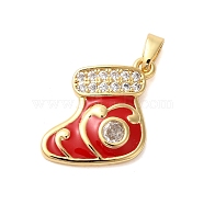 Christmas Theme Rack Plating Brass Cubic Zirconia Pendants, with Enamel, Long-Lasting Plated, Lead Free & Cadmium Free, Real 18K Gold Plated, Christmas Socking, 15x18x3mm, Hole: 4x2mm(KK-K385-119G-06)