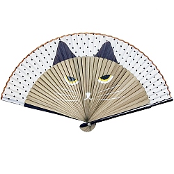 Cat Pattern Bamboo with Satin Folding Fan, for Party Wedding Dancing Decoration, Pale Goldenrod, 210mm(WOCR-PW0005-01B-03)