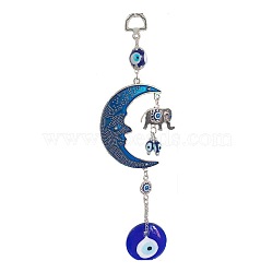 Evil Eye Moon Elephant Disk Amulet Lucky Charm, Wall Hanging Glass Pendant Blessing Protection Decor, Blue, 230mm(MOST-PW0001-134)
