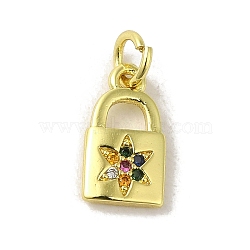 Brass Micro Pave Cubic Zirconia Charms, Real 18K Gold Plated, Lock Charms, Colorful, 12.5x7x1.5mm, Hole: 3mm(KK-M283-28C-02)