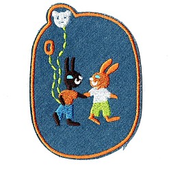 Bunny Computerized Embroidery Cloth Iron on/Sew on Patches, Costume Accessories, Oval with Rabbit & Balloons, Steel Blue, 11.7x8.3cm(DIY-F034-A17)