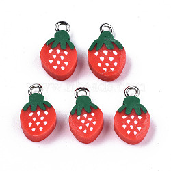Handmade Polymer Clay Charms, with Platinum Tone Iron Findings, Strawberry, Red, 14.5~15.5x8.5~10x4mm, Hole: 1.8mm(X-CLAY-T016-49)
