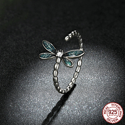 Dragonfly 925 Sterling Silver Enamel Micro Pave Clear Cubic Zirconia Cuff Rings for Women, Silver, Dragonfly: 15x7mm, Inner Diameter: Adjustable(FS-WG14241-01)