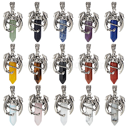 BENECREAT 15Pcs 15 Styles Natural & Synthetic Mixed Gemstone Double Terminal Pointed Pendants, Faceted Bullet Charms, with Antique Silver Plated Alloy Dragon, 40~42x24.5x12.5~13mm, Hole: 4x6.5mm, 1pc/style(G-BC0001-51)