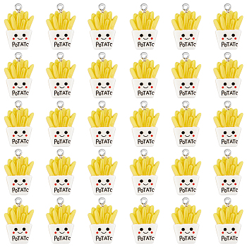 30Pcs Resin Imitation Food Pendants, French Fries Charms, with Platinum Tone Iron Loops, Yellow, 25x16.5x4mm, Hole: 2mm