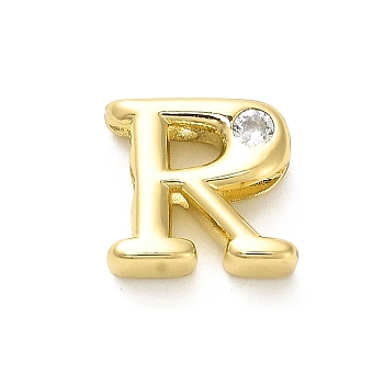 Rack Plating Brass Cubic Zirconia Beads, Long-Lasting Plated, Lead Free & Cadmium Free, Alphabet, Letter R, 12x13x4.8mm, Hole: 2.7mm