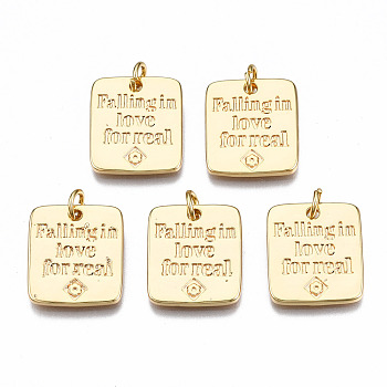 Brass Pendants, with Jump Rings, Nickel Free, Rectangle with Word Falling in love for real, Real 18K Gold Plated, 17x15x2mm, Jump Rings: 5x0.8mm, 3mm inner diameter